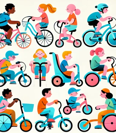 Illustrations of 12 different kids on 12 different type of bikes
