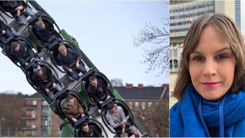 Fotomontage av en bergochdalbana samt en bild på Jenny