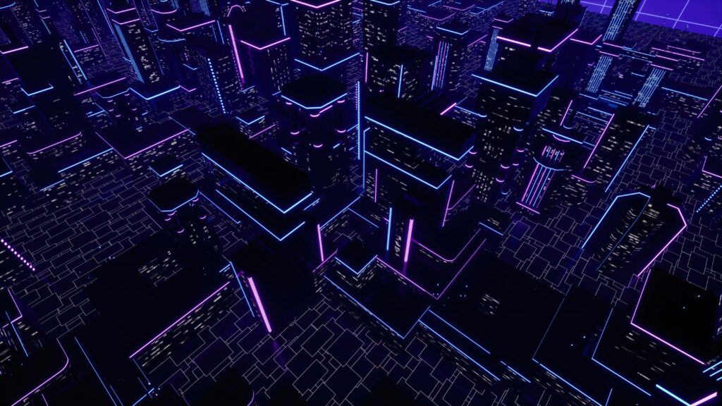 A futuristic cityscape illustration showing tall buildings outlined with glowing neon blue and purple lights against a dark grid‑patterned ground.