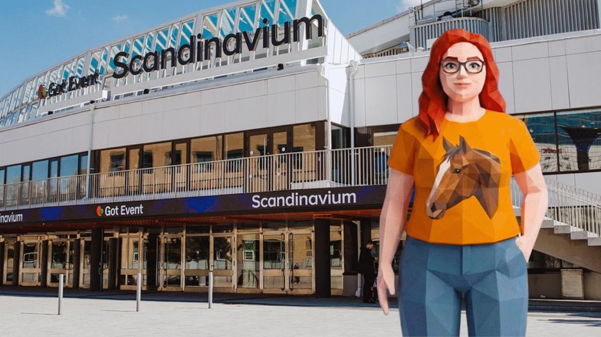 Illustrerad avatar framför entrén till Scandinavium.
