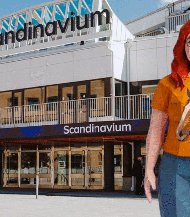 Illustrerad avatar framför entrén till Scandinavium.