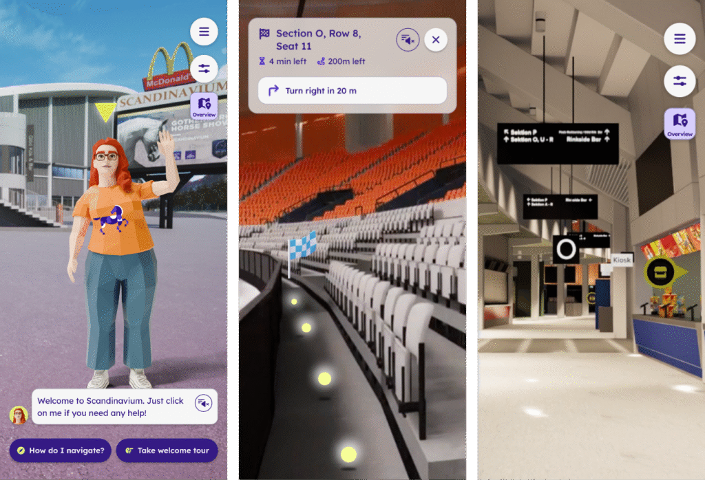 Skärmbilder från den virtuella miljön som visar digital vägledning i och runt Scandinavium med avatar, sittplatsnavigering och vägvisning inomhus.